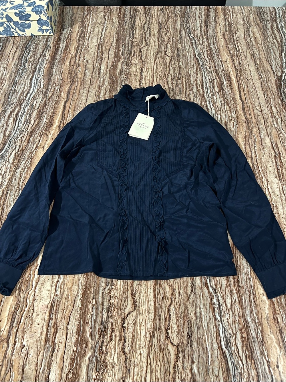Sezane Navy Ruffled Blouse